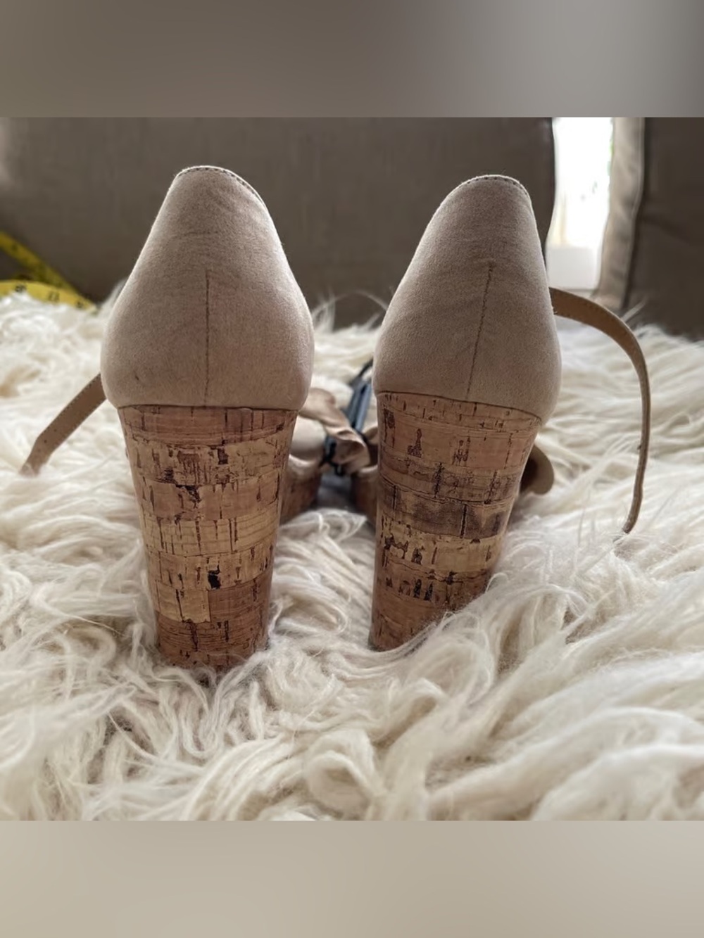 Time and Tru Taupe Suede Cork Block Heel Wedge Sandals